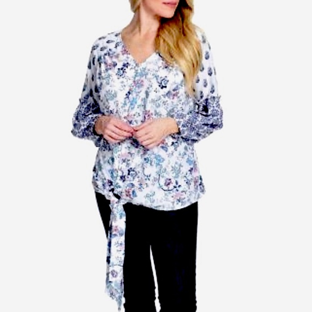 One World White Floral Tie Front Peasant Top Size Medium
